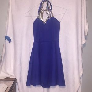 Royal Blue Mid-Calf Beaded Neck Homecoming Dress